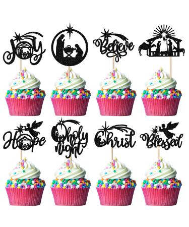 Rsstarxi 24 Pack Christmas Jesus Cupcake Toppers Glitter Holy Night Blessed Hope Believe Jesus Birthday Cupcake Picks for Nativity Scene Religion Christmas Party Cake Decorations Black Design 3 Black