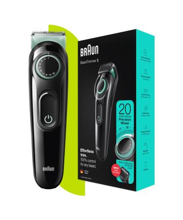 Braun Beard Trimmer Series 3 Hair Clippers & Lifetime Sharp Blades Precision Dial For 20 Length Settings UK 2 Pin Plug BT3323 Black/Volt Green