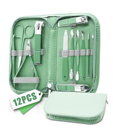 Nail Clipper Manicure Set Manicure Pedicure Kit Professional Travel Manicure Set for Women Men Manicure & Pedicure Tools & Accessories Nail Care Tool with Green Leather Travel Bag Set 12 in 1