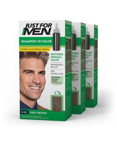Just For Men Shampoo-In Color (Formerly Original Formula) Mens Hair Color with Keratin and Vitamin E for Stronger Hair - Light Brown H-25 Pack of 3 Pack of 3 Light Brown H-25
