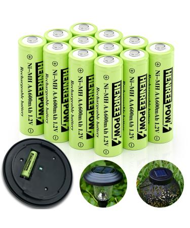 Henreepow 12-Pack Rechargeable AA Solar Batteries Ni-Mh 1.2v 600mAh Pre-Charged Double A Battery for Outdoor Solar Garden Landscape Lights AA 600mAh 12pack