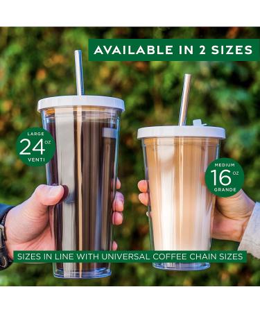 24 Oz Reusable Iced Coffee Cup with Leak Proof Double Wall Insulation - Includes Plastic & Metal Straws and Cleaner - Buy Online on SooperMarket.com