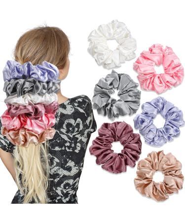 6 pieces oversized Satin hair tie soft silk elastic hair band Set hair tongue ponytail holder for girls (champagne white silver gray light pink bean red light blue)