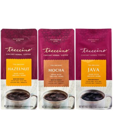 Teeccino Herbal Coffee Variety Pack - Hazelnut, Mocha and Java - Ground Herbal Coffee Thats Prebiotic, Caffeine-Free & Acid Free, Dark Roast, 11 Ounce (Pack of 3)