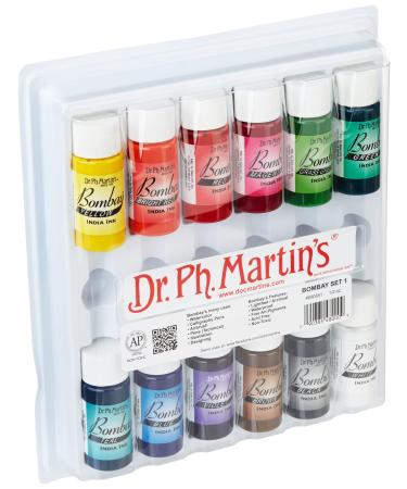 Dr. Ph. Martin's Bombay India Ink (Set 1) Ink Set, 0.5 oz, Set 1 Colors, 1 Set of 12 Bottles 0.5 oz Set 1 Colors