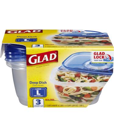 GladWare Deep Dish Food Storage Containers | Large Rectangle Food Storage, Food Containers Hold up to 64 Ounces of Food | Glad Containers with Glad Lock Tight Seal, 3 Count Rectangle 64 oz - 3 Count