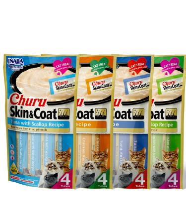 INABA Churu Lickable Pure Natural Cat Treats for Skin and Coat with Omega Oils, Taurine and Vitamin E, 0.5 Ounces Each All 4 Flavor Variety Pack 4 Count (Pack of 4)