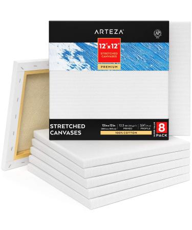 Arteza Stretched Canvases for Painting Pack of 8 12 x 12 Inches Square Blank Canvases 100% Cotton 12.3 oz Gesso-Primed Art Supplies for Acrylic Pouring and Oil Painting White - Premium 12x12 pack of 8