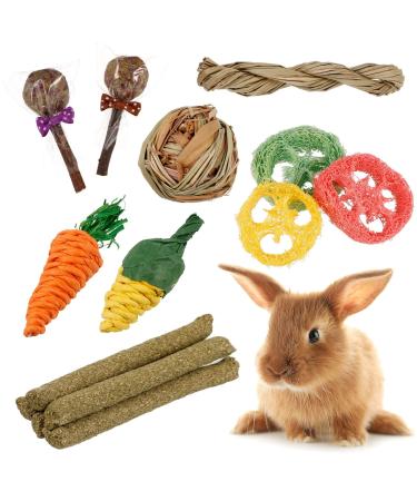 AKlamater 14Pcs Rabbit Chew Toys Natural Sticks for Rabbits Loofah Wood Grass Ball String for Rabbits Guinea Pig Hamsters Chinchilla