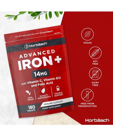 Iron Tablets High Strength | Iron Complex with Vitamin C Folic Acid & Vitamin B12 | Supplement for Men & Women | 180 Vegan Tablets | by Horbaach - Buy Online on SooperMarket.com