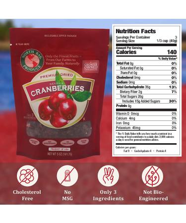North Bay Produce Dried Cranberries 5oz - Gluten Free Vegan Healthy Snacks - Resealable Bag - Perfect for Kids and Adults - Buy Online on SooperMarket.com