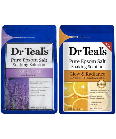 Dr. Teal's Pure Epsom Salt Bath Soaking Solution Gift Set - (2 Bags  6 lbs Total) - Soothe & Sleep Lavender and Glow & Radiance with Vitamin C & Citrus Essential Oils - Treat Sore Muscles at Home