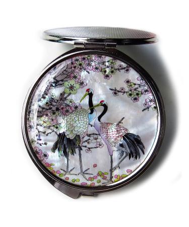 Mother of Pearl Compact Mirror - Double Sided Folding Magnify, Crane Apricot Tree Design - Buy Online on SooperMarket.com