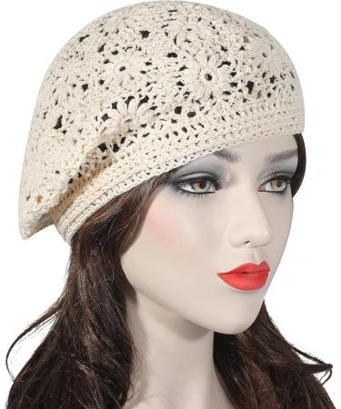 ZLYC Handmade Cotton Slouchy Crochet Beret with Cutout Floral Design - Plain Beige Women's Beanie Hat - Buy Online on SooperMarket.com