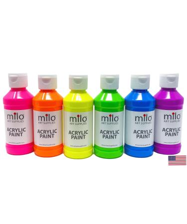 milo Fluorescent Acrylic Paint Set of 6 Colors | 4 oz Bottles | Student Neon Colors Acrylics Painting Pack | Made in the USA | Non-Toxic Art & Craft Paints for Artists Kids & Hobby Painters | Glows UV in Black Light Fl...