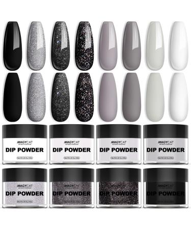 8 Colors Dip Powder Nail Set Classic Black White Gray Collection Glitter Pastel Dip Nails Powder Kit DIY Salon Home Gift for Women No Need Nail Lamp Cured (Excludes liquids) Black white and grey series