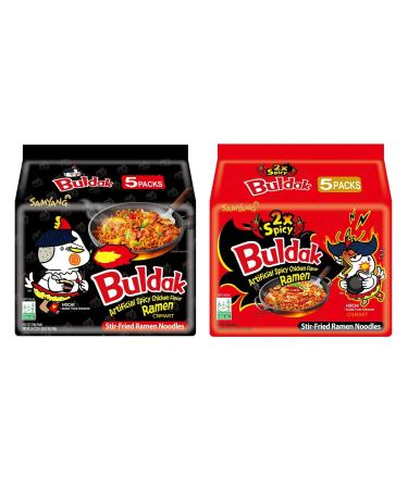 CNMART Samyang Dried Noodle Buldak Bag Noodles 140g (Pack of 5) plus Samyang Spicy Hot (2 x Spicy) Chicken Flavour Ramen 140g (Pack of 5) Bundle