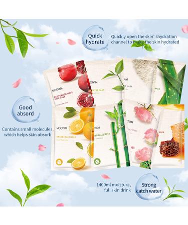 Hydrating Face Sheet Mask 8 Pack with Green Tea, Aloe Vera, Pomegranate - Anti Aging and Moisturizing Skin Care Gift Set - Buy Online on SooperMarket.com