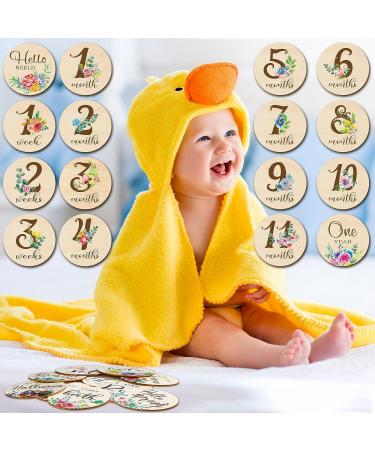 16-Piece Floral Wooden Baby Monthly Milestone Cards - Double-Sided Baby Months Signs for Newborn Photo Props - Fresh Flowers Design - Buy Online on SooperMarket.com