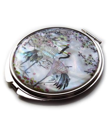 Mother of Pearl Compact Mirror - Double Sided Folding Magnify, Crane Apricot Tree Design - Buy Online on SooperMarket.com