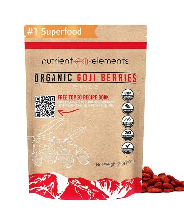 2 lbs/32oz Premium Organic, Raw & Dried Goji Berries - USDA Certified - (907g) - Natural Superfood - Extra Large, Non GMO Berries with Resealable Bag by Nutrient Elements - Free Recipes E-Book 2 Pound (Pack of 1)