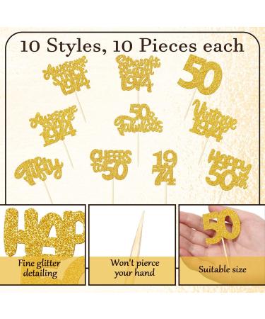 FoldTier 100 Pcs Happy 50th Birthday Cupcake Toppers Glitter Fifty 1974 Cupcake Picks Cheers to 50 Years Fabulous Cake Decorations for 50th Birthday Wedding Anniversary Party Supplies(Gold) - Buy Online on SooperMarket.com
