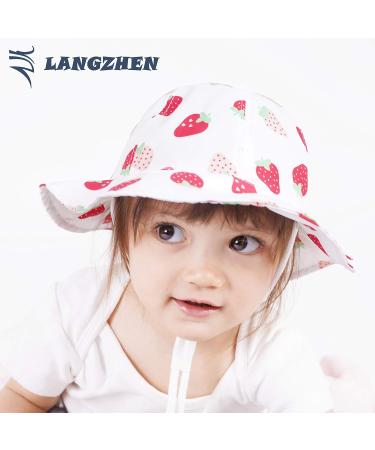 LANGZHEN Baby Girls Sun Protection Hat with Chin Strap | Adjustable Toddler Kids Wide Brim Play Hat | White -Strawberry 6-12 Months - Buy Online on SooperMarket.com