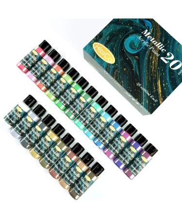 Metallic Acrylic Paint Set of Premium 20 Colors Professional Grade Metallic Paints with Bottles (2fl oz 60ml)  Rich Pigments of Non Fading and Toxic Paints for Artist Hobby Painters Kids