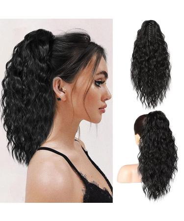 PORSMEER Ponytail Extension Claw Clip Ponytail Hair Extensions Black Natural Looking Long Curly Wavy Multi Layered Fluffy Synthetic Hairpiece for Women Girls Daily Wear or Party 18inch