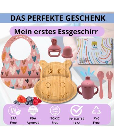 Happydoo Baby Dishes Set - 9 Pieces Bamboo Plates with Suction Cups | BPA Free Baby Tableware Gift Box - Pink Hippopotamus - Buy Online on SooperMarket.com