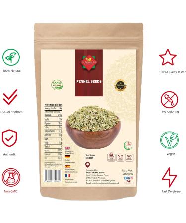 Organic Indian Fennel Seeds (200g/7.05oz) - Gluten Free | Vegan | Non GMO | Authentic Saunf (Soonf) - No Additives - Buy Online on SooperMarket.com