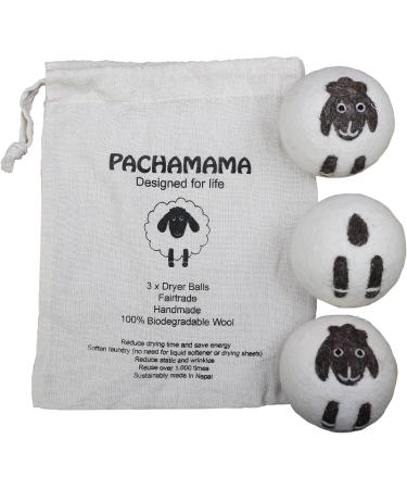 Pachamama Handmade XL Wool Tumble Dryer Balls 7cm 3 Pk Reduce Drying Time Save Energy Fabric Soften Reduce Static Reduce Wrinkles Unscented Long Life - Cute Sheep Pattern Felted by Hand Fair Trade - Buy Online on SooperMarket.com