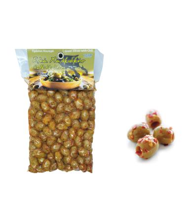 Greek Green Olives with Chilli Flakes | 1kg Vacuum-Sealed | Traditional Chalkidiki Variety |Key in The Mediterranean Diet | Loaded with Important Nutrients and Antioxidants| No Preservatives