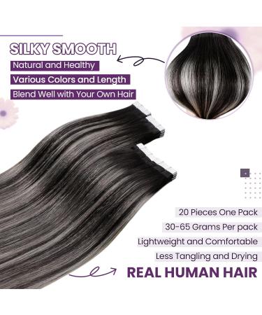 LAAVOO Ombre Tape In Hair Extensions | Real Remy Hair | Black Silver Balayage | 50cm | 20 Pcs #1B/S/1B | International Shipping - Buy Online on SooperMarket.com