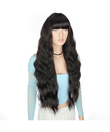 YEESHEDO Long Black Wigs with Fringe - Natural Looking 28 Inches Curly Wavy Synthetic Hair for Women - Ideal for Daily Wear and Halloween Cosplay - Buy Online on SooperMarket.com