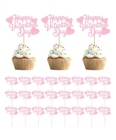 24Pcs Happy Valentines Day Cupcake Toppers with Love Heart Glitter Sweet Love Cupcake Picks Valentines Themed Party Cake Decorations for Valentines Day Wedding Engagement Party Supplies (Pink)