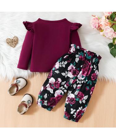 Puseky Toddler Baby Girls Cute Letter Print Shirt and Floral Pant Outfit Set 12-18 Months - Wine Red - Buy Online on SooperMarket.com