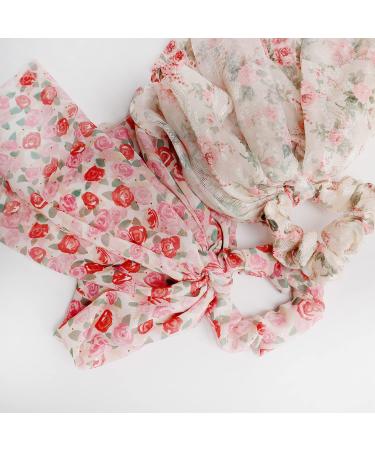 2PCS Floral Hair Scarf with Ribbon Bow for Women and Girls - Silk Long Tails Scrunchy Elastics Ponytail Holder - Buy Online on SooperMarket.com