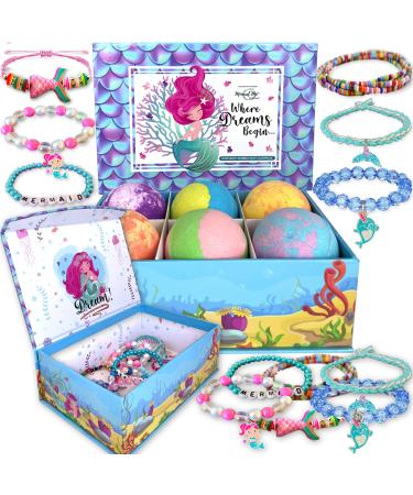 Mermaid Bath Bombs for Girls with Jewelry Inside Plus Jewelry Box for Kids. All Natural and Organic with Skin moisturizing Shea Butter. Gentle and Kid Safe Bubble Bath Fizzies with Surprise Toys