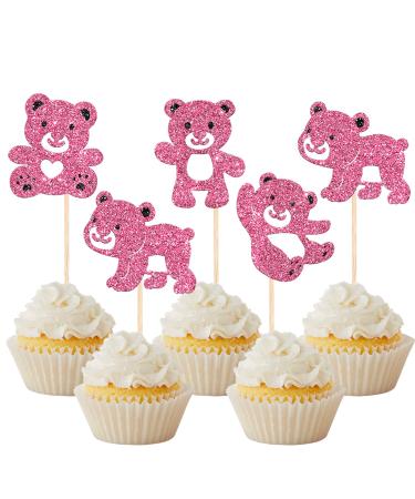 Rsstarxi 24 Pack Bear Cupcake Toppers Glitter Gender Reveal Themed Teddy Bear Cupcake Food Toothpicks Baby Shower Cake Decorations for Kids Birthday Party Decorations Supplies Pink Design 3 Pink