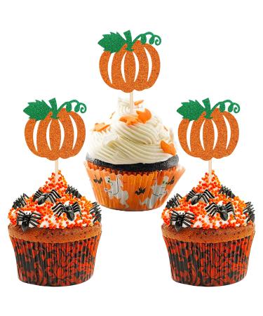 24 PCS Pumpkin Cupcake Toppers Glitter Fall Theme Cupcake Picks Pumpkin Themed Baby Shower Birthday Thanksgiving Halloween Party Cake Decorations Supplies Orange A Design 1 Orange