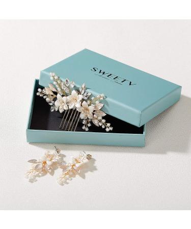 SWEETV Handmade Gold Wedding Hair Comb and Bridal Earrings Set - Elegant Accessories for Brides - Buy Online on SooperMarket.com