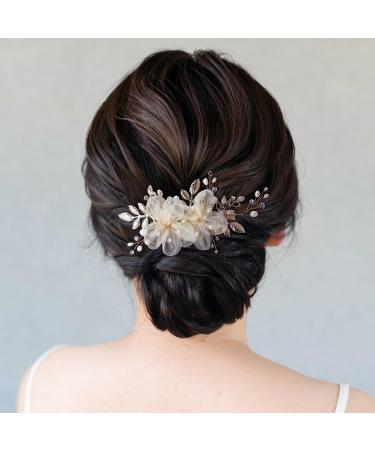 SWEETV Flower Bride Wedding Hair Comb Pins Pearl Bridal Hair Pieces Leaf bridal Hair Accessories Hair Clip Bride Side Combs Wedding Hair Accessories for Brides Women and Girls Party Prom Gift (White Gold)