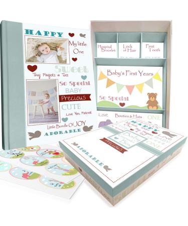 Baby Memory Book w/Keepsake Box & 30 Monthly & Baby First Milestone Stickers - Gender Neutral First Year Scrapbook Journal - Baby Photo Album for Boys & Girls