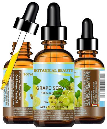Botanical Beauty GRAPE SEED OIL 100% Pure Natural Undiluted Refined Cold Pressed Carrier Oil for Face Skin Body Hair Massage Lip Nails. 4 Fl. oz-120 ml.