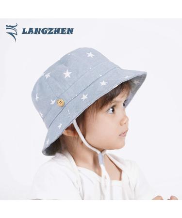 LANGZHEN Beach Sun Protection Hat for Girls | Adjustable Wide Brim Toddler Kids Summer Play Hat with Chin Strap | Light Blue Stars, 4-8 Years - Buy Online on SooperMarket.com