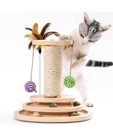 Cat Toy 2-Layer Turntable Cat Ball Toy with Feather,Kitten Toys Interactive Cat Toy with Eight Interactive Balls and Two Sisal Dangling Balls,Cat Scratching Post for Indoor Cats and Kittens