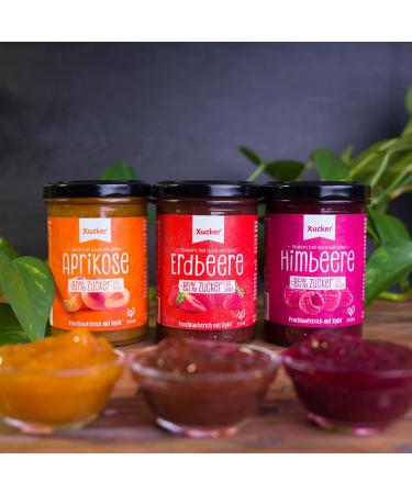Xucker Jam Fruit Spread - 3 Flavors: Strawberry Apricot & Raspberry | 74% Fruit Xylitol Vegan Non-GMO | 3 x 220g - Buy Online on SooperMarket.com
