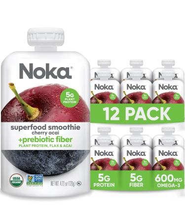 Noka Superfood Fruit Smoothie Pouches, Healthy Snacks (Cherry Acai) Pack of 12, Vegan, Gluten-Free, with Flax Seed, Prebiotic Fiber & Plant Protein, Organic Squeeze Pouch 4.22oz Each 4.22 Ounce (Pack of 12)