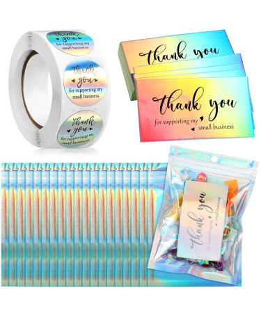 620 Pieces Thank Cards and Stickers Set Thank Gold Foil Stickers Thank for Supporting My Small Business Stickers with Resealable Packaging Bag, Suitable for Business Owners(Holographic)